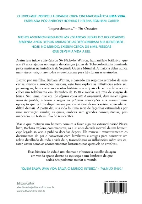 Uma vida: A história de Nicholas Winton Uma vida Quarta Capa