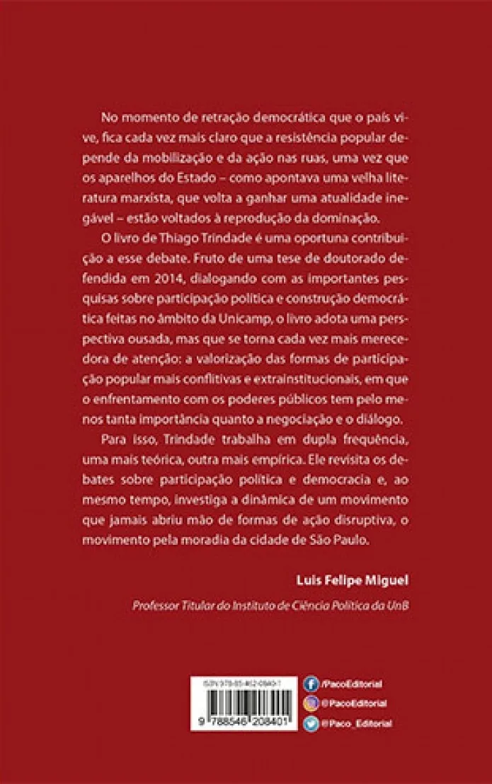 Protesto e democracia: Ocupações urbanas e luta pelo direito à cidade Protesto e democracia Quarta Capa