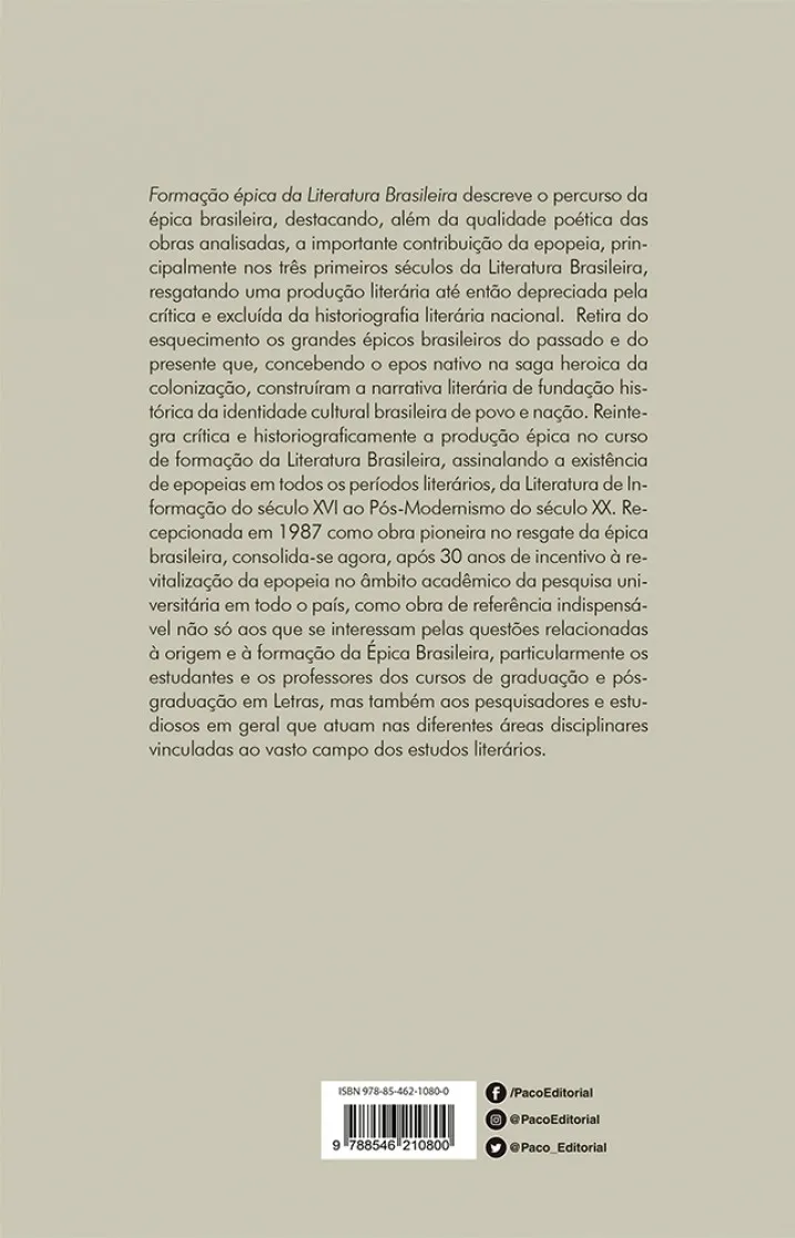 Formação épica da literatura brasileira Formação épica da literatura brasileira Quarta Capa